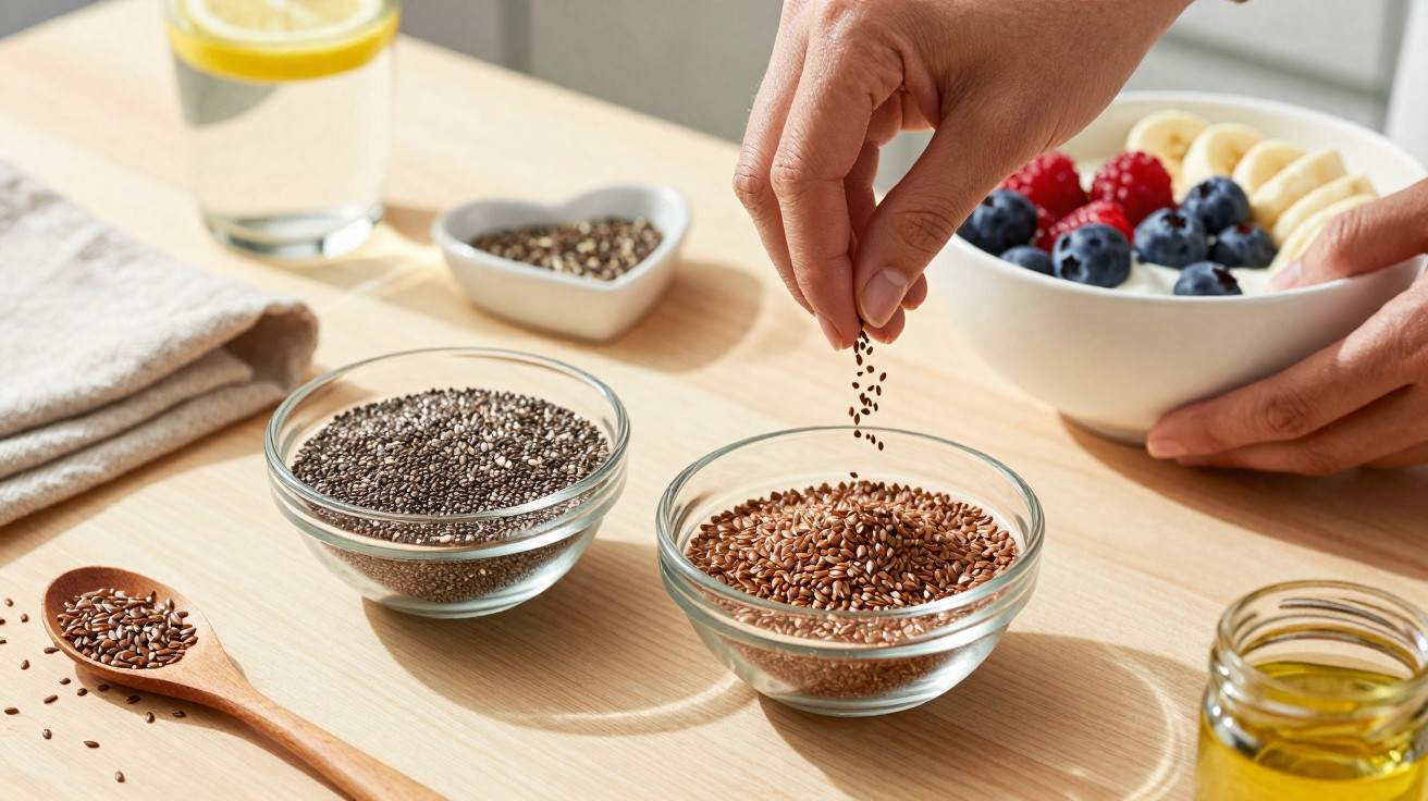 Mão a polvilhar sementes em taça com sementes e especiarias, frutas e copo de água com limão ao fundo.