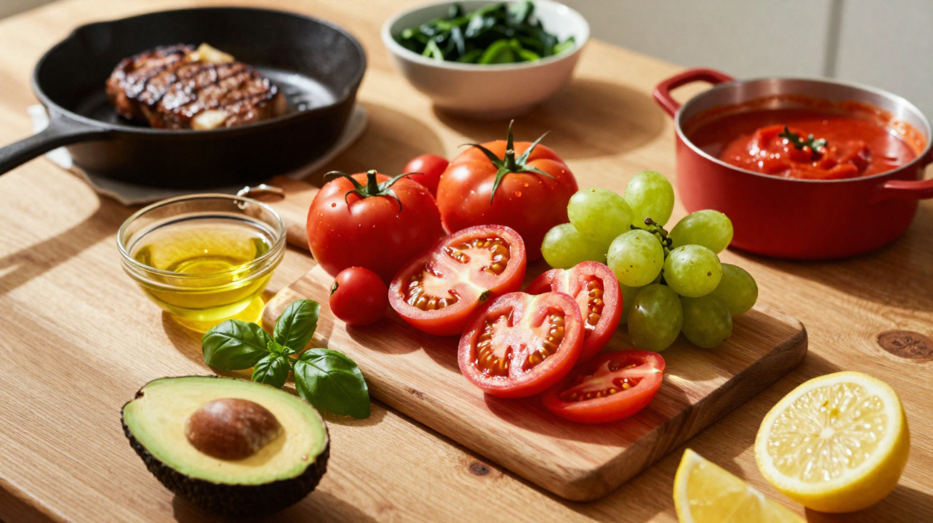 Tomates frescos fatiados, uvas verdes, meio abacate, um pedaço de limão e azeite numa tábua de madeira.