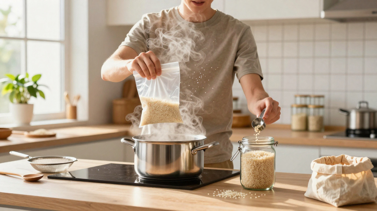 Pessoa a colocar arroz de saco plástico em panela com vapor numa cozinha moderna e luminosa.