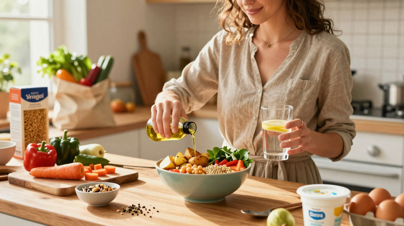 Mulher a temperar salada com azeite numa cozinha iluminada, rodeada de legumes e alimentos frescos.