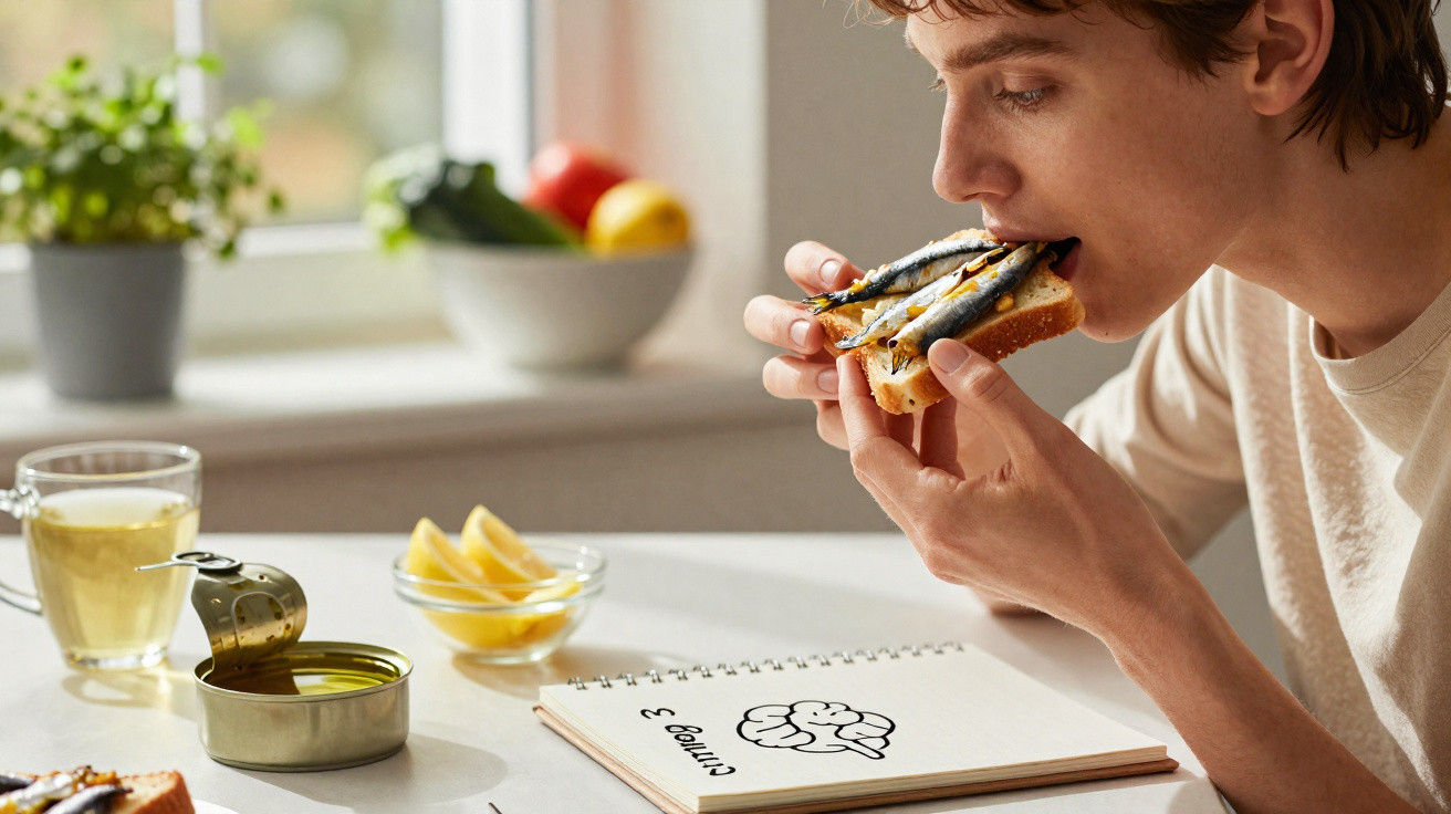 Pessoa a comer tosta com peixe, chá, limão e livro sobre omega-3 numa cozinha iluminada.