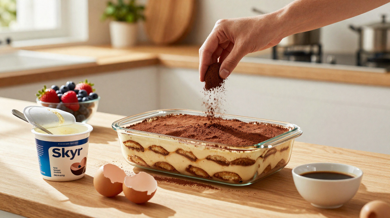 Mão polvilhando cacau em tiramisù numa tigela de vidro, com ovo partido, iogurte e café ao lado.