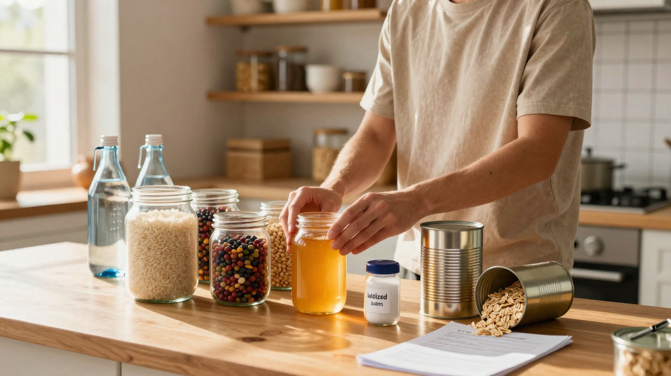 Pessoa a organizar frascos com alimentos secos e líquidos numa cozinha moderna.