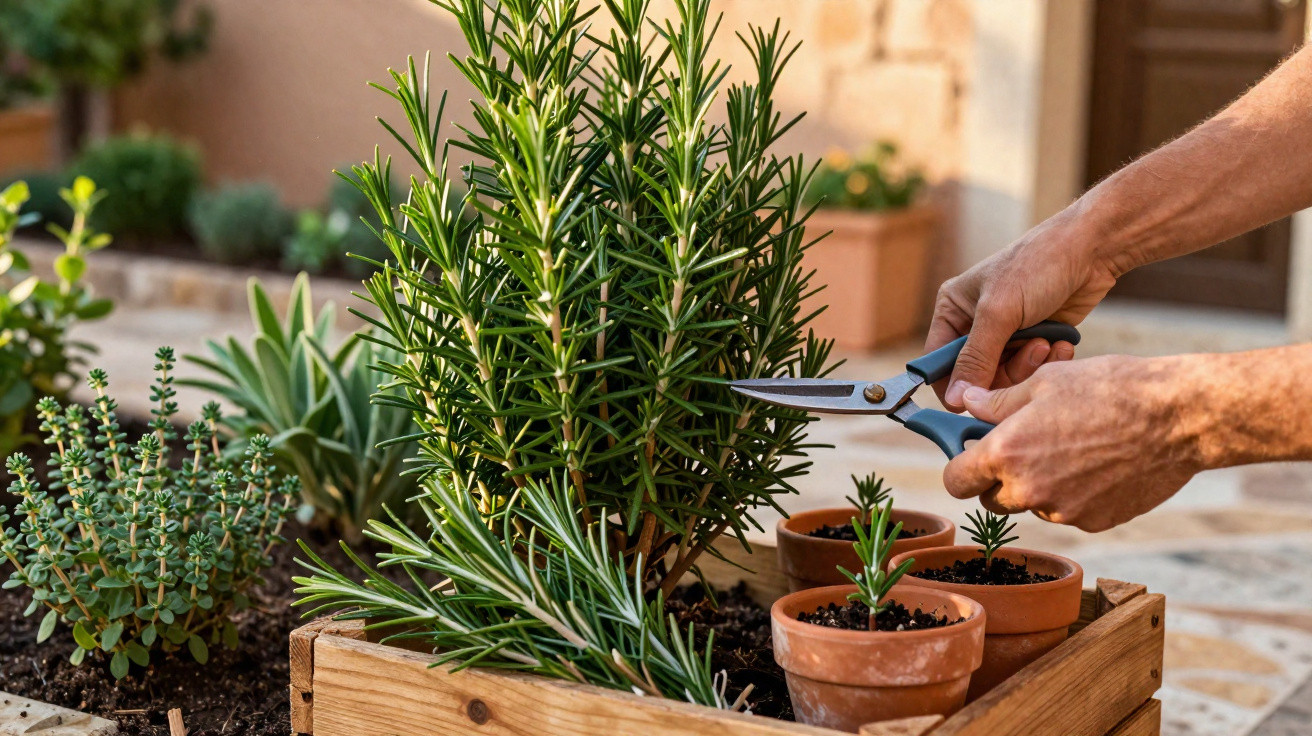Pessoa a podar alecrim num jardim com vasos e plantas em redor numa área exterior ensolarada.