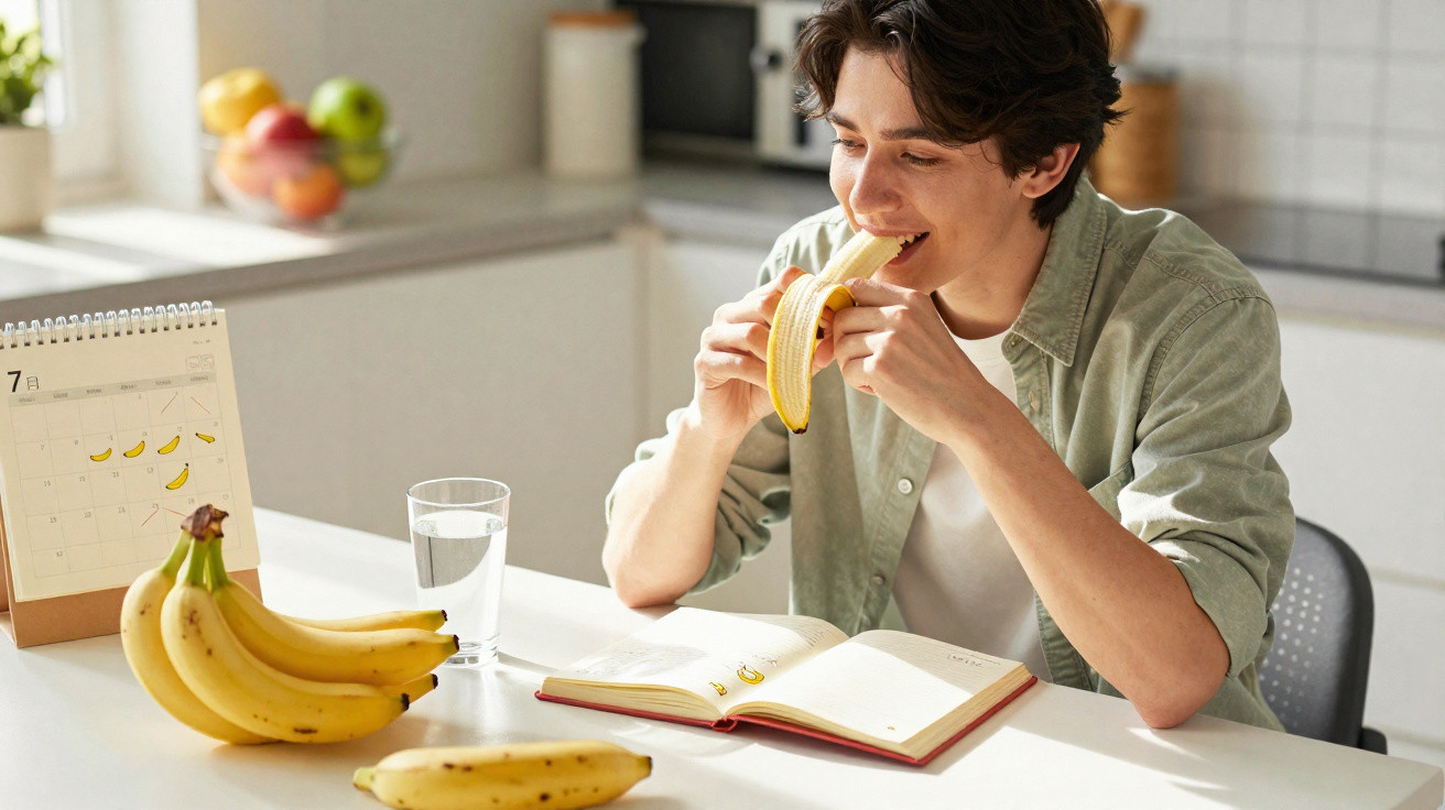 Jovem sentado à mesa a comer uma banana, com livro, copo de água e caderno à sua frente numa cozinha iluminada.