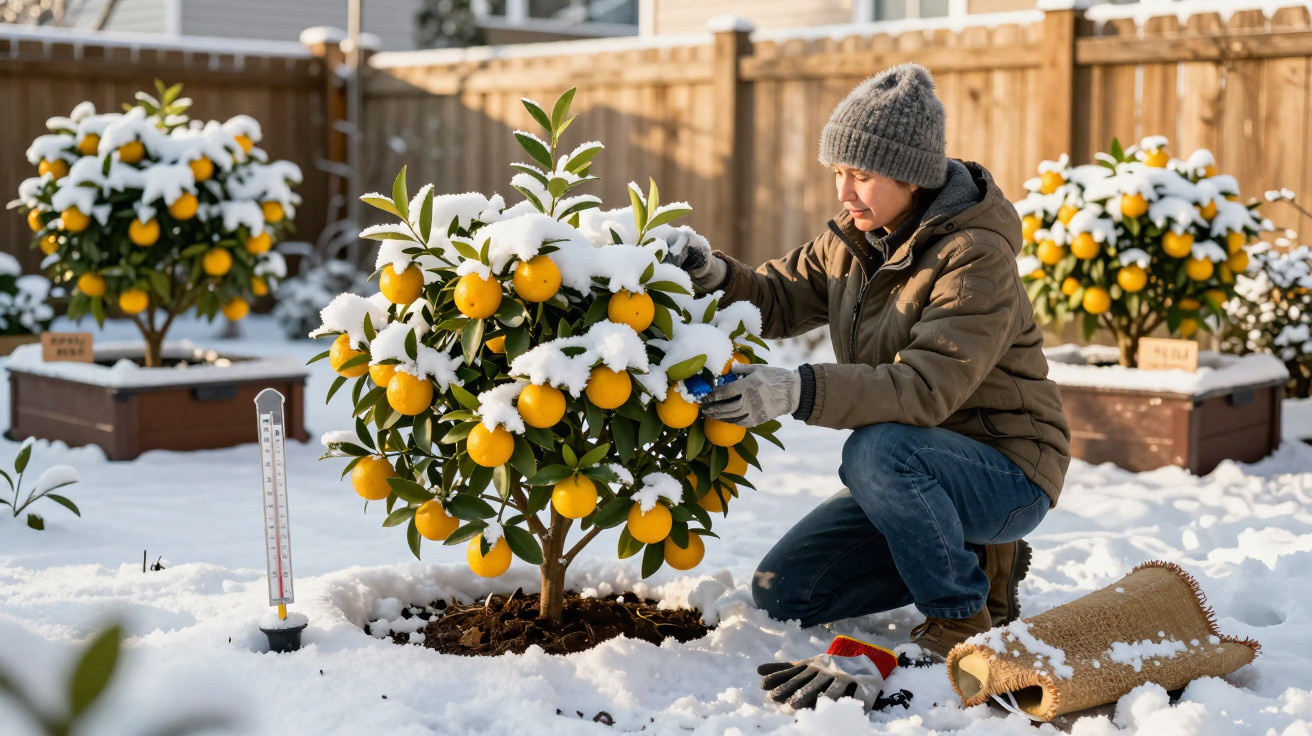 Pessoa a cuidar de árvore de citrinos coberta de neve num jardim com várias árvores semelhantes.