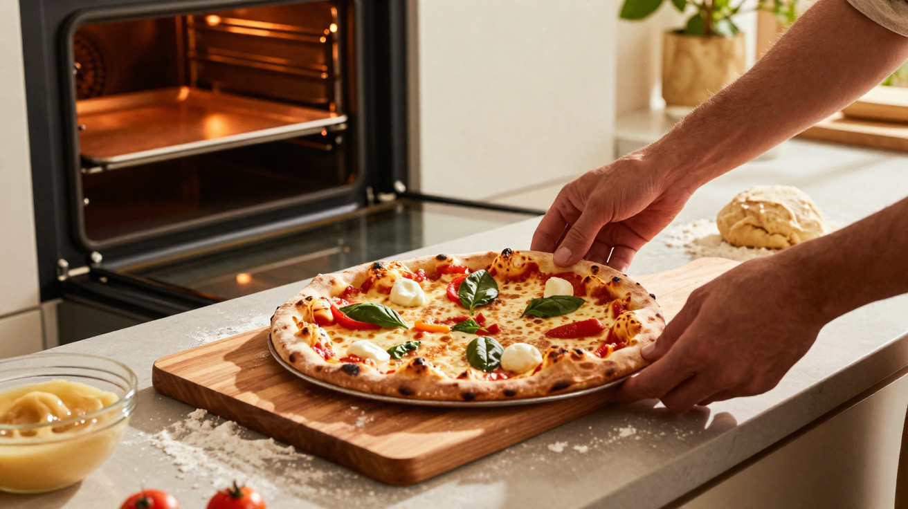 Pessoa a retirar pizza caseira com manjericão e tomate do forno num balcão de cozinha.