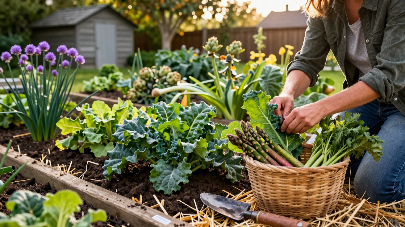 Pessoa a colher espargos e verduras numa horta em caixa de madeira ao entardecer.