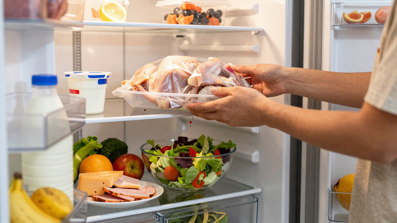 Pessoa a arrumar um frango cru numa travessa num frigorífico aberto cheio de frutas, legumes e outros alimentos.