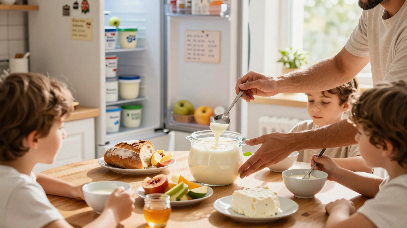 Crianças sentadas à mesa com tigelas, pão, fruta e iogurte, e adulto a servir com colher.