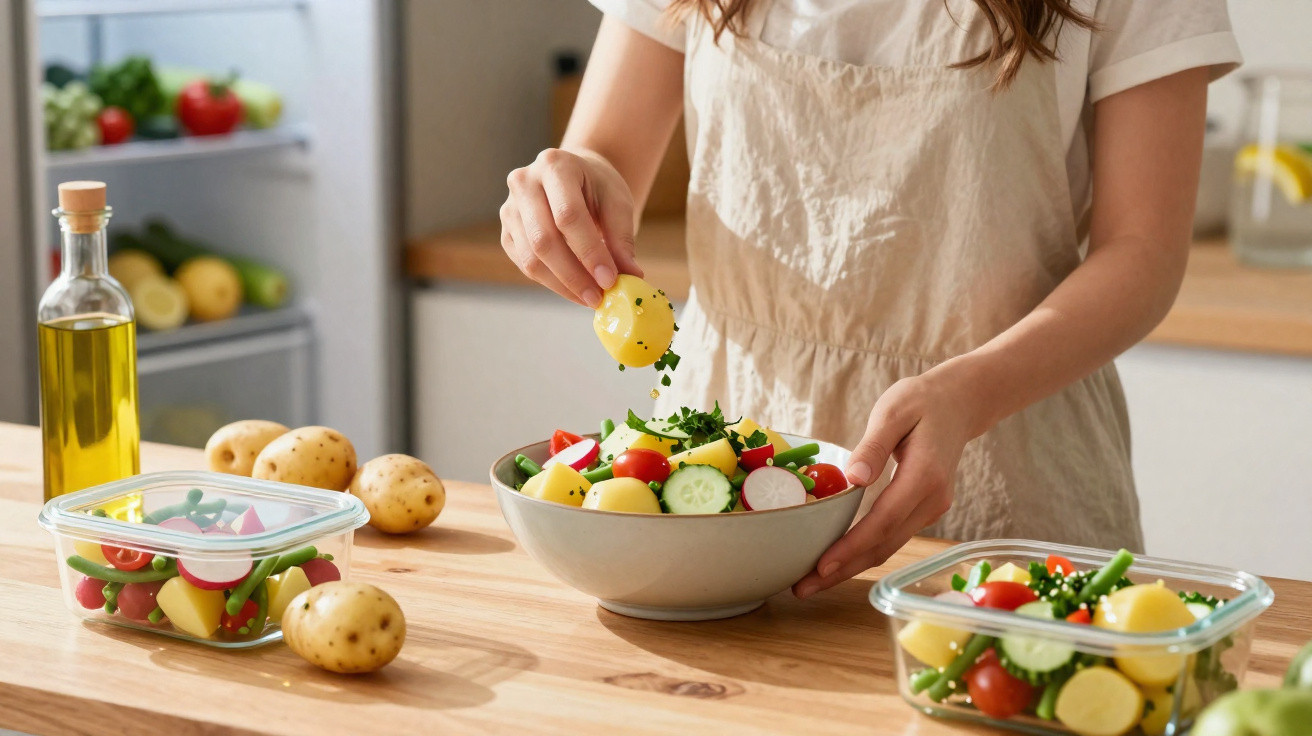 Pessoa a temperar salada fresca com limão numa cozinha moderna com ingredientes naturais à volta.