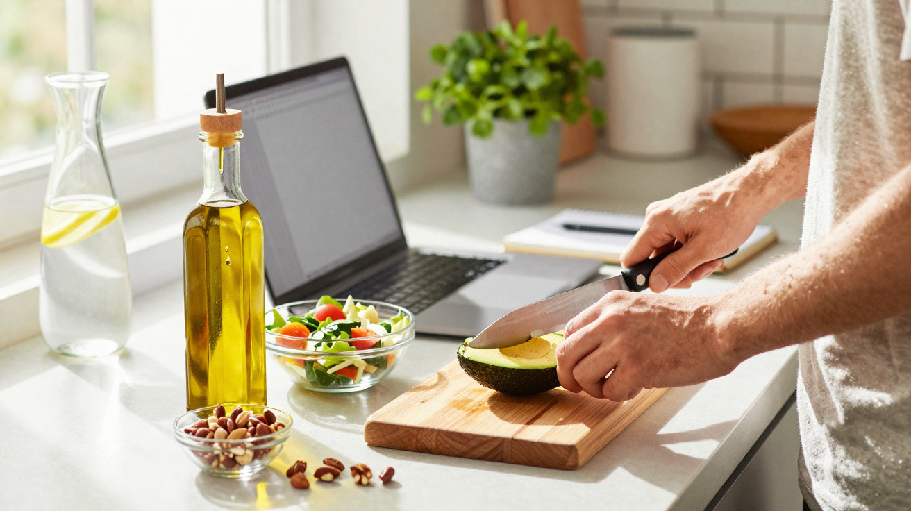 Pessoa a cortar um abacate numa tábua na cozinha, com salada, frutos secos, garrafa de azeite e computador portátil.