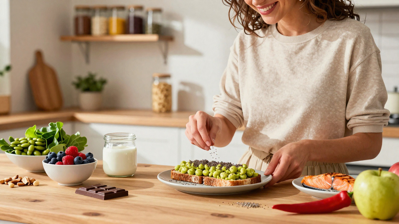Mulher a preparar tosta de abacate com sementes numa cozinha luminosa com vários alimentos saudáveis.