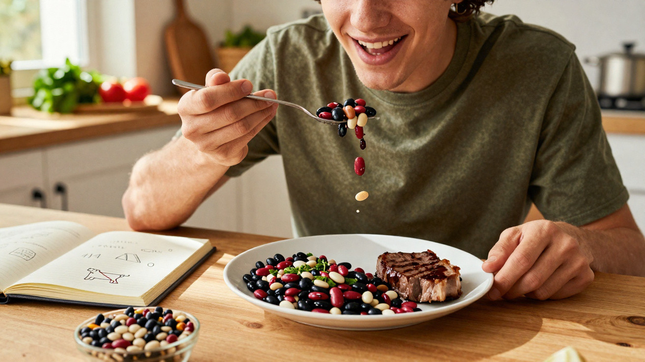 Pessoa sorridente segurando garfo com feijões coloridos, com prato de feijões e um pedaço de carne à mesa.