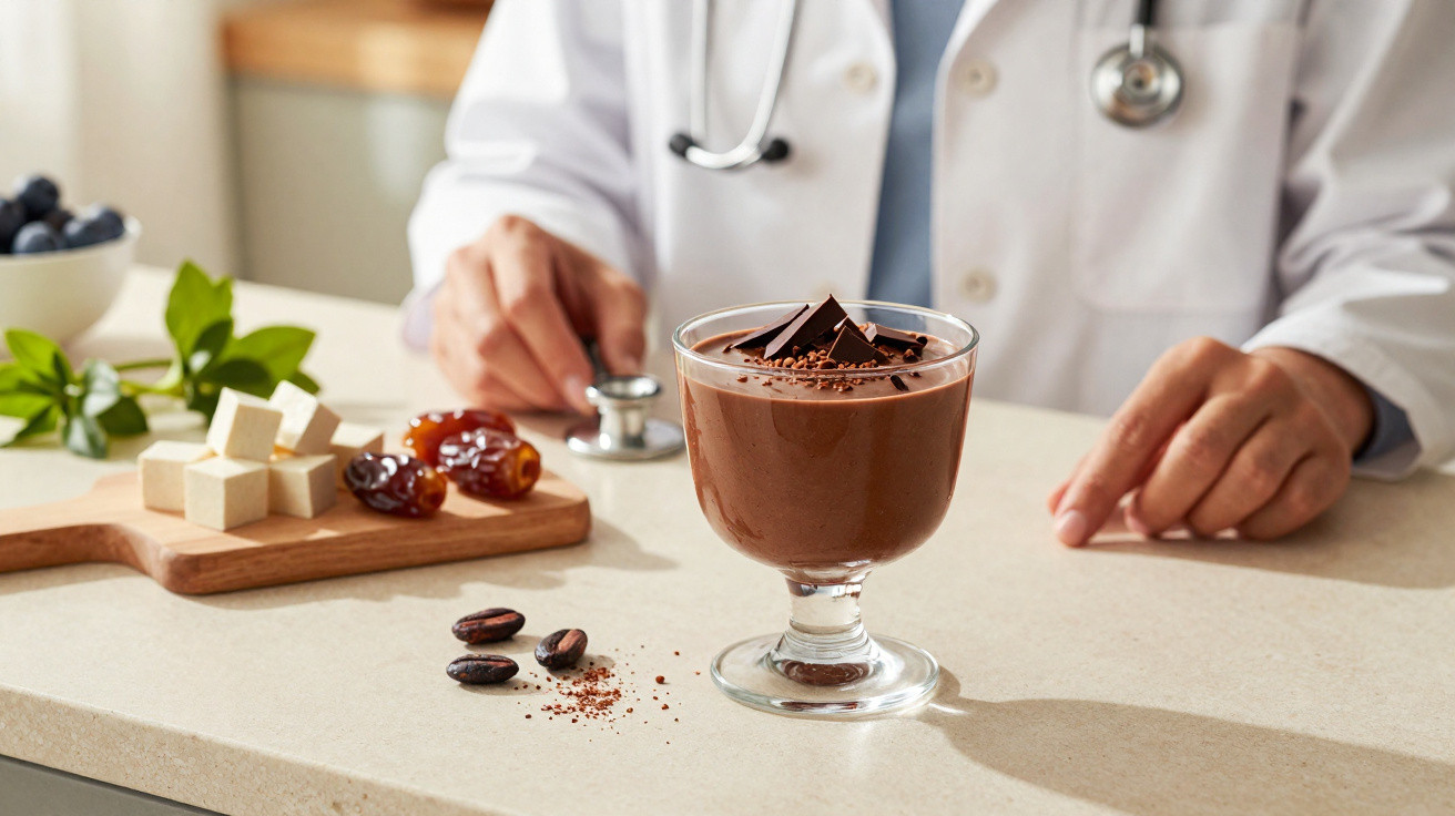 Taça de mousse de chocolate decorada com pedaços de chocolate junto a médico e alimentos saudáveis.