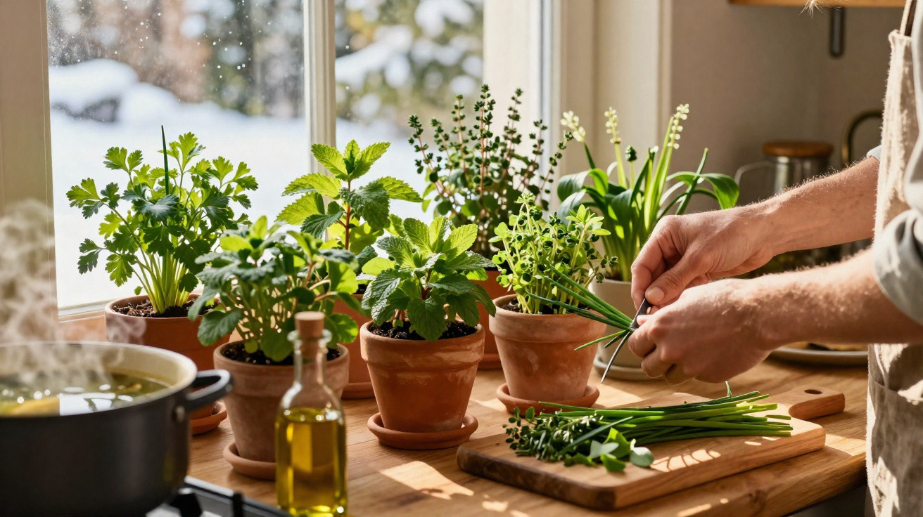 Mãos cortam ervas frescas num balcão de cozinha com vasos de plantas aromáticas junto à janela.