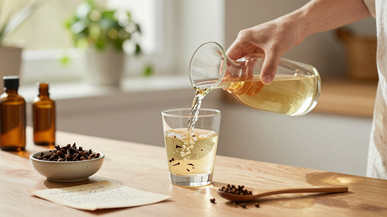 Mão a verter infusão com cravinho num copo numa cozinha com frascos, plantas e colher de madeira na mesa.