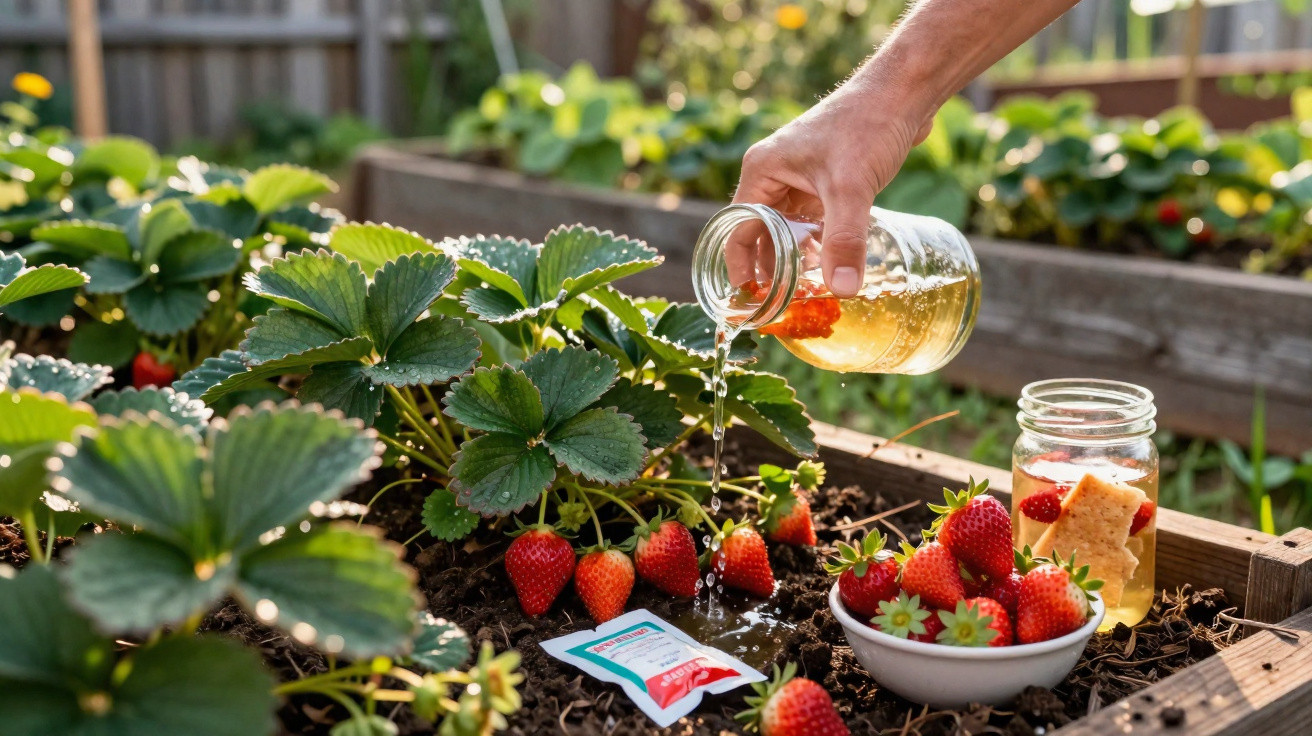 Mão a regar plantas de morango maduros num canteiro, com morangos colhidos numa taça e num frasco com bebida ao lado.