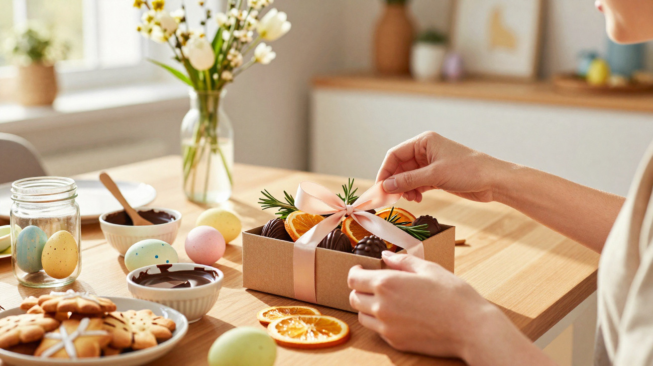 Pessoa a colocar uma fita rosa em caixa com bombons cobertos de chocolate, rodeada de cookies e ovos de Páscoa coloridos.