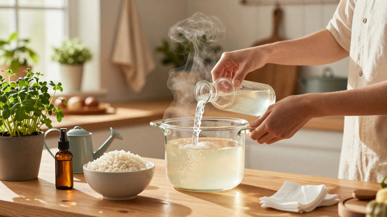 Pessoa a deitar água quente numa taça de vidro numa cozinha com plantas e arroz num recipiente branco.
