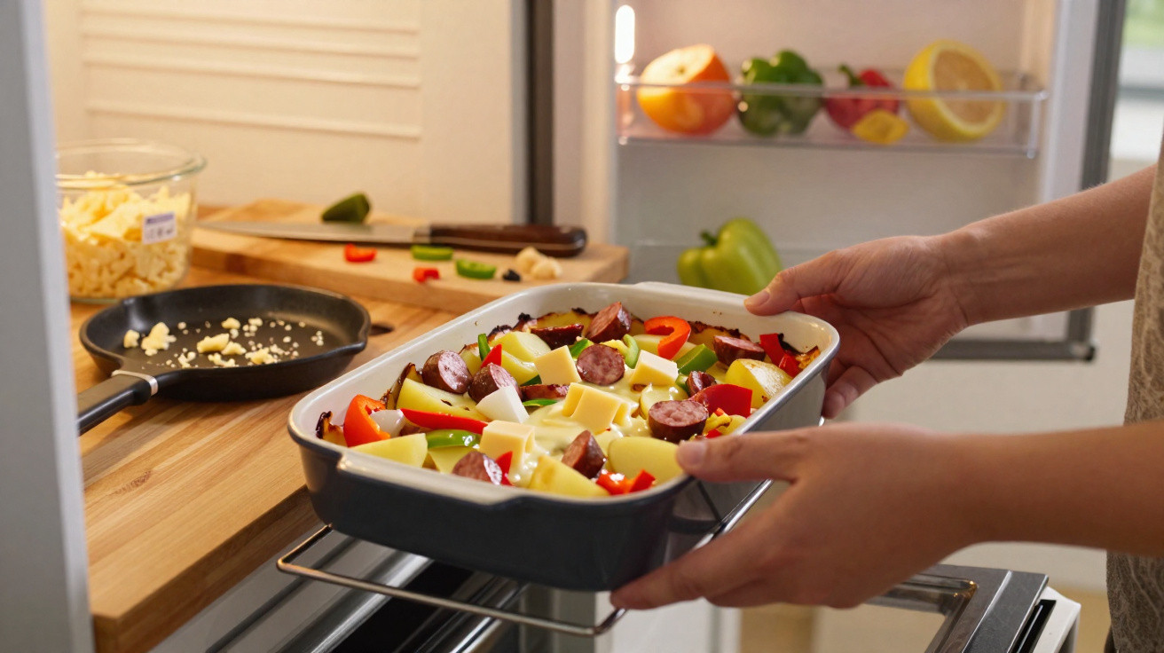 Pessoa a colocar tabuleiro com legumes, queijo e chouriço no forno numa cozinha moderna.