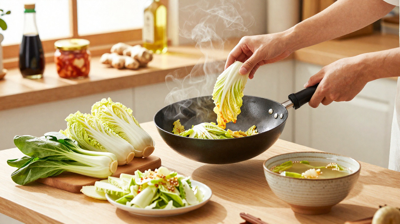 Mãos a colocar folhas de couve chinesa a saltear num wok, com legumes frescos e tigela de sopa na bancada.