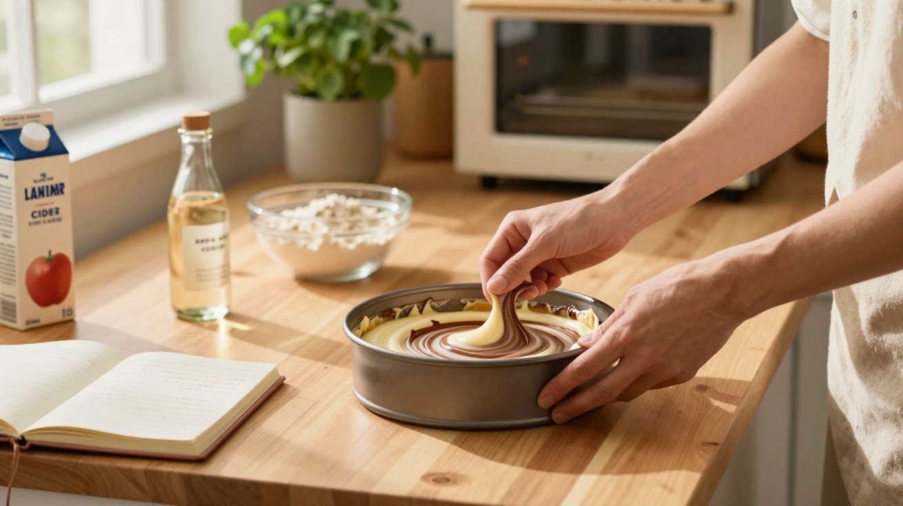 Pessoa a misturar massa de bolo marmoreado numa forma redonda numa cozinha iluminada natural.