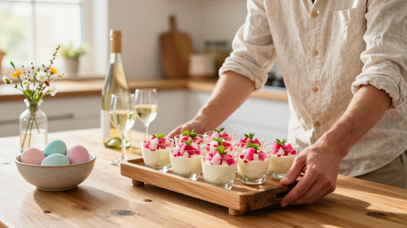 Pessoa a servir copos com sobremesa decorada com pedaços de fruta e hortelã numa bandeja de madeira.
