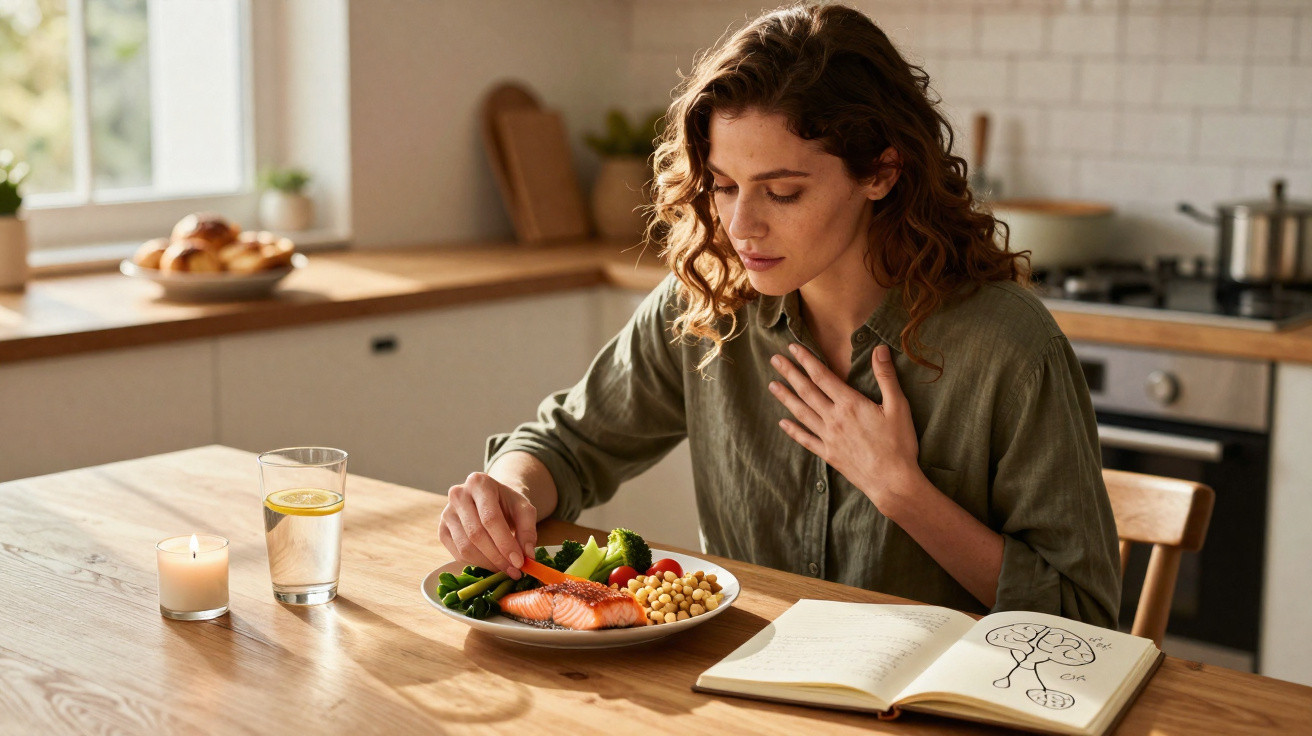 Mulher a almoçar salmão, legumes e grão com vela, copo de água e livro numa cozinha moderna.