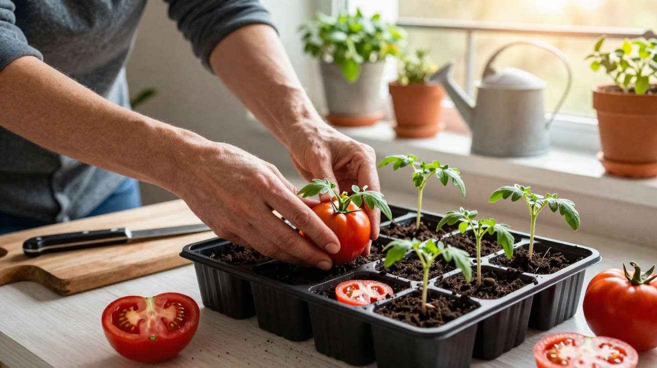 Mãos colocam um tomate maduro num tabuleiro com plantas jovens de tomate numa cozinha iluminada.