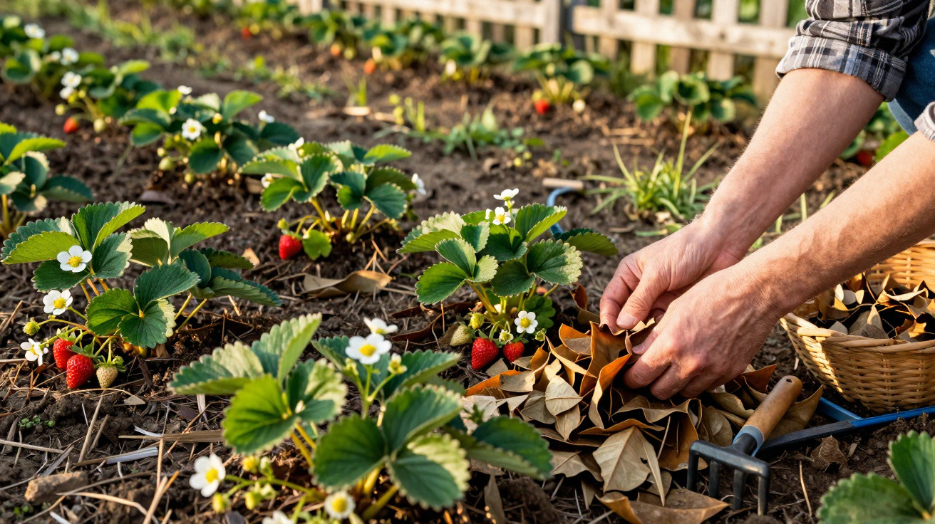 Mãos a colocar folhas secas no solo ao pé de plantas de morango num jardim ensolarado.