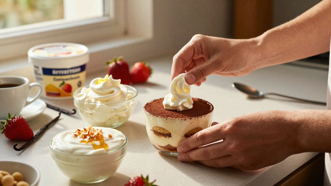 Mãos a decorar tiramisu com nata em taça, rodeada por copos com natas, café, frutos e mel.