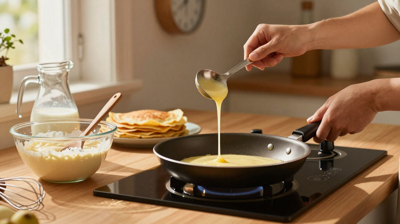 Mãos a fazer panquecas numa frigideira com leite e massa visíveis numa cozinha iluminada.
