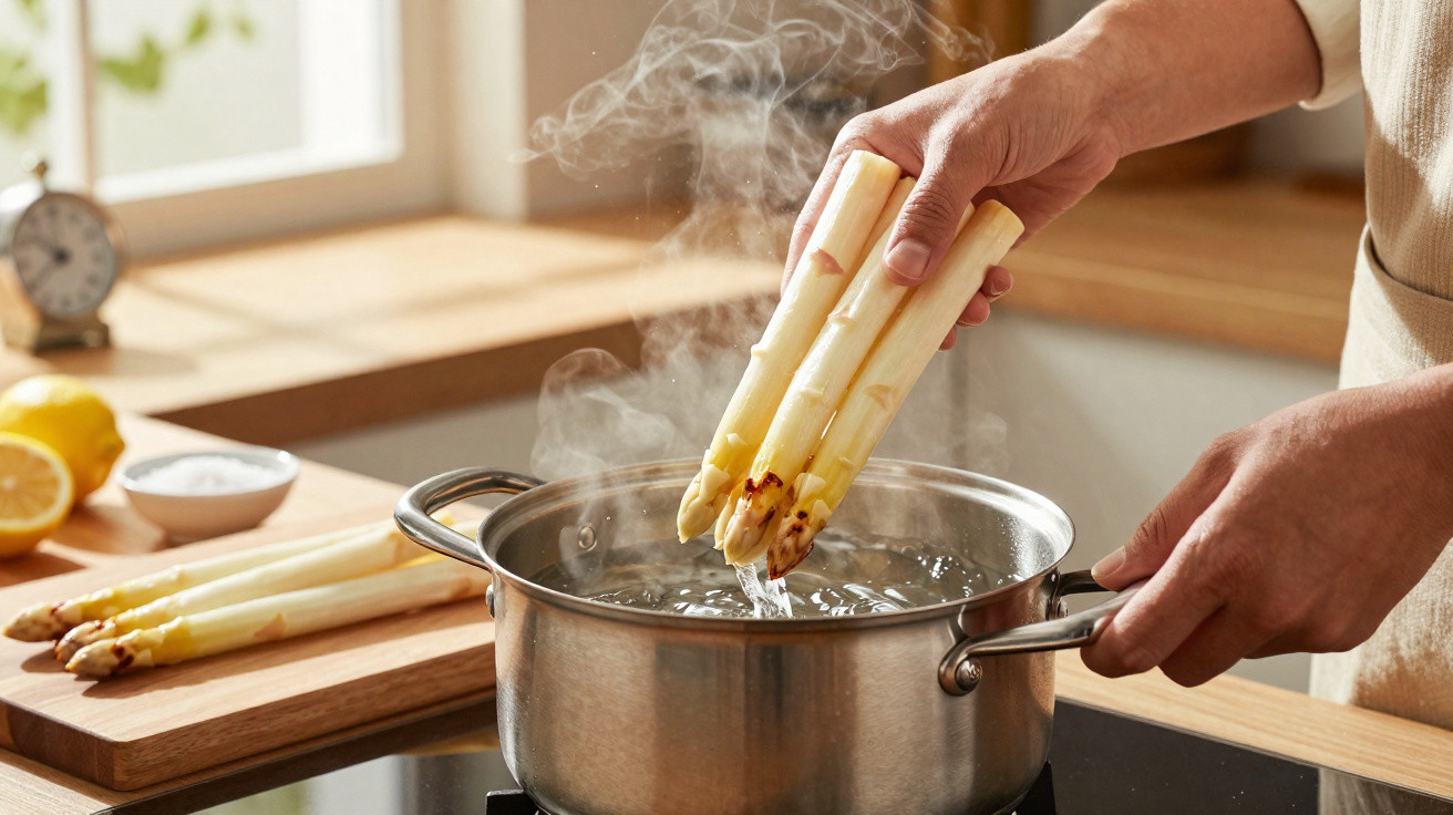 Mão a colocar espargos brancos a cozer numa panela com água a ferver numa cozinha iluminada.