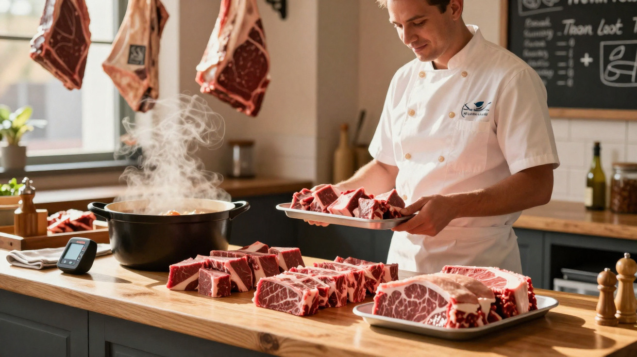 Talhante a organizar diversos cortes de carne num balcão de madeira com uma panela a fumegar ao lado.