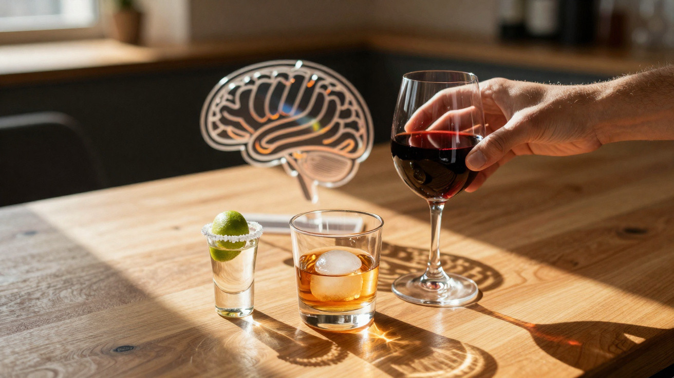 Mão a segurar copo de vinho tinto, ao lado de copos com tequila, whisky e uma ilustração de cérebro numa mesa de madeira.