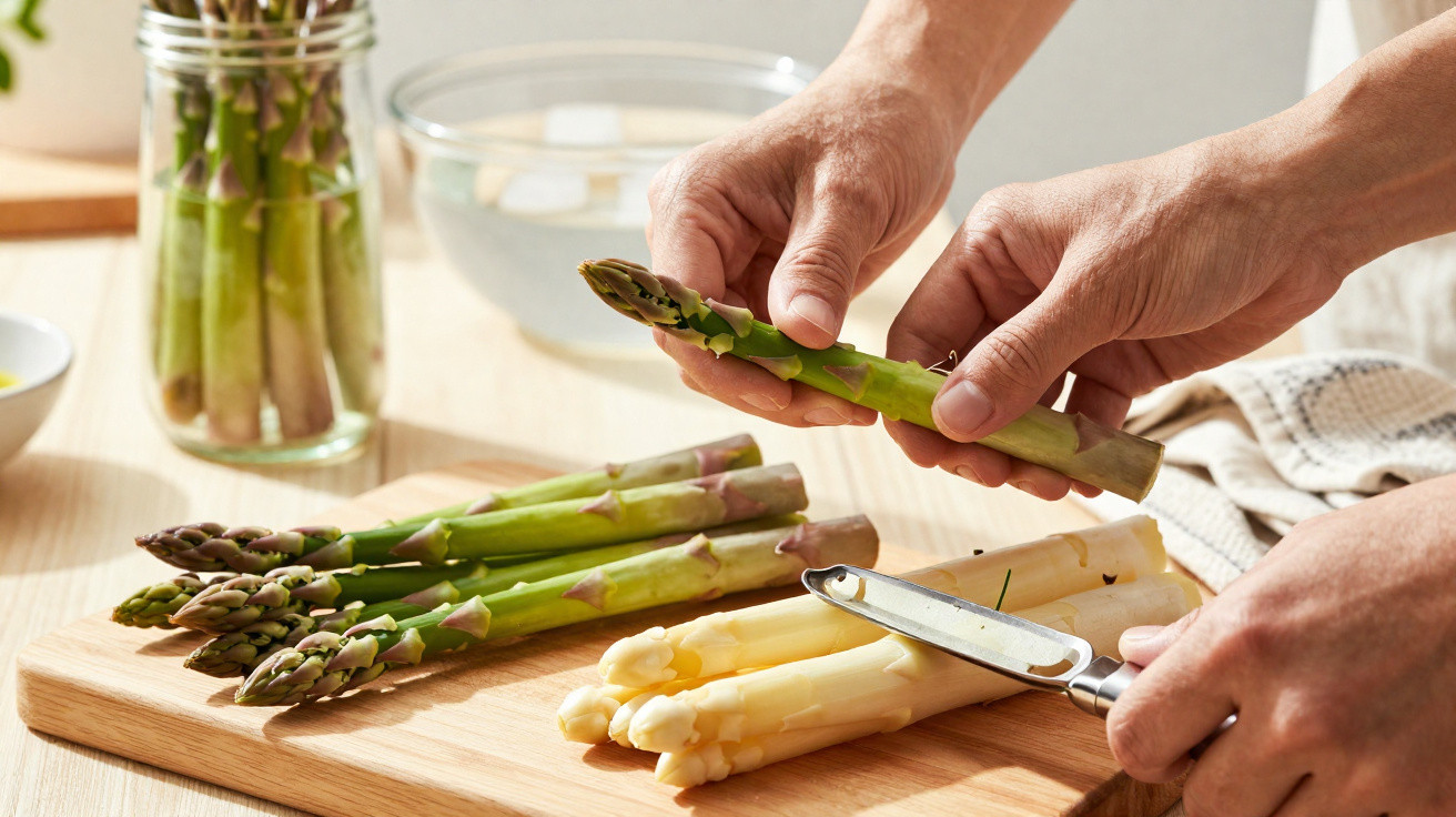 Mãos a preparar espargos verdes e brancos sobre tábua de cortar na cozinha.
