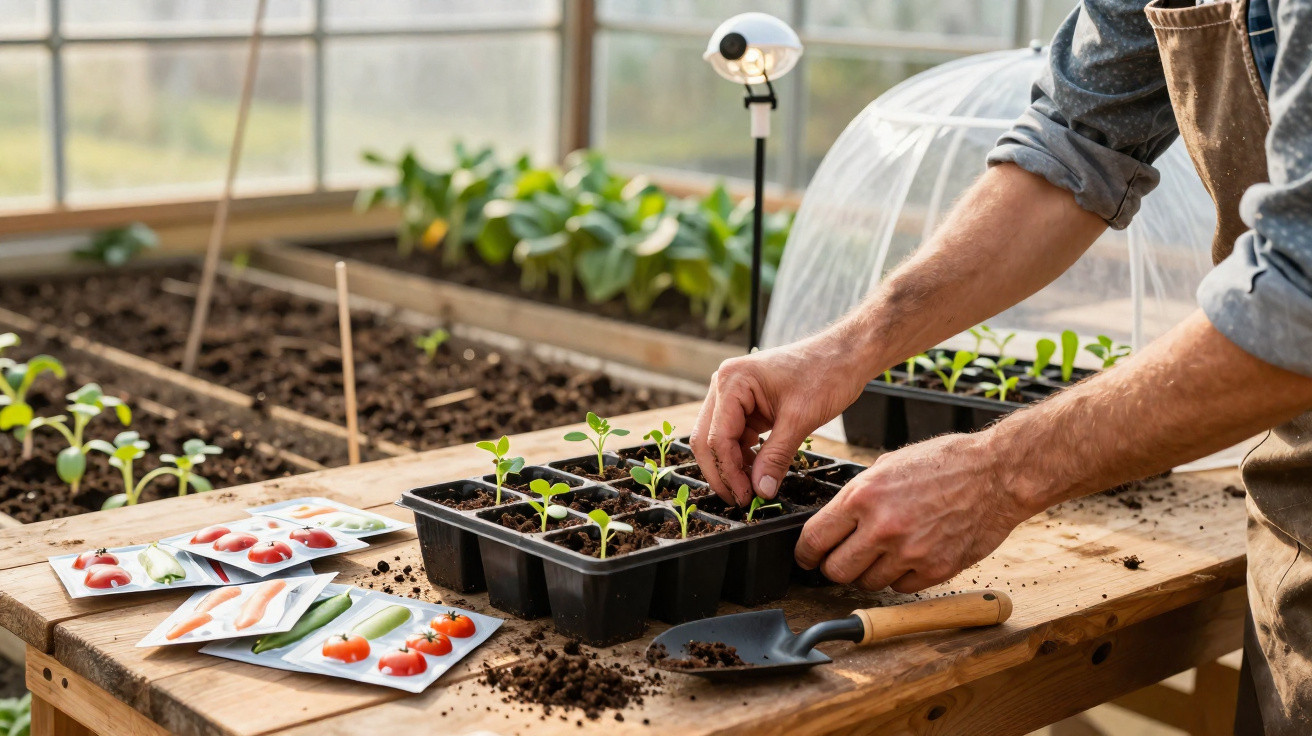Mãos plantando miniaturas de legumes em tabuleiro de germinação dentro de estufa com sementes variadas.