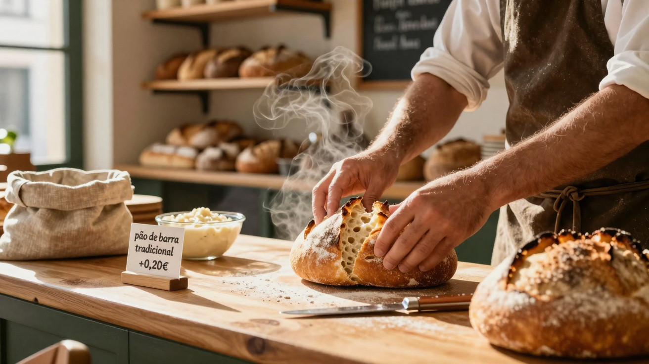 Pessoa a partir pão quente fumegante numa padaria com vários pães e sinais de preços na mesa de madeira.