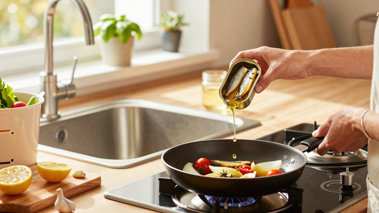 Pessoa a cozinhar sardinhas com legumes numa frigideira numa cozinha moderna iluminada pela luz natural.
