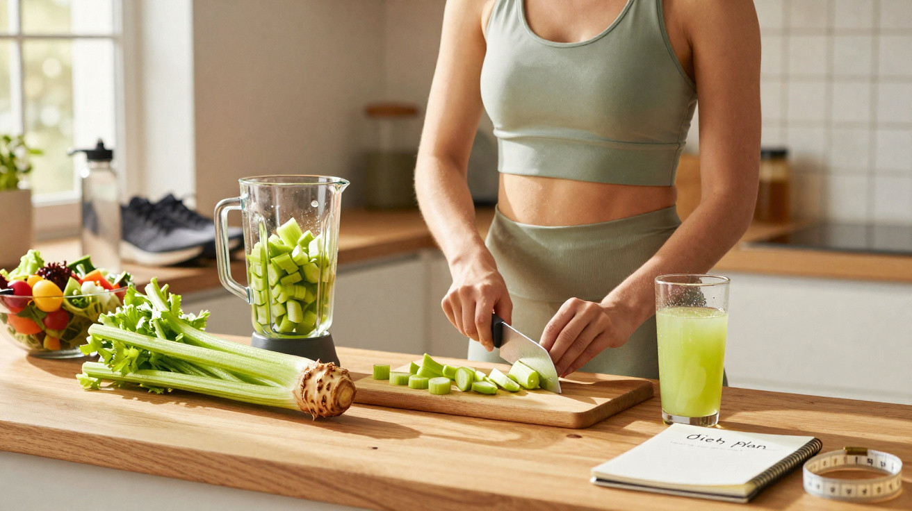 Pessoa a cortar aipo numa tábua, com liquidificador e sumo verde numa cozinha iluminada.