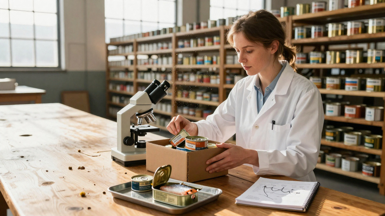 Cientista numa sala de laboratório a abrir uma caixa com latas, com microscópio e prateleiras ao fundo.