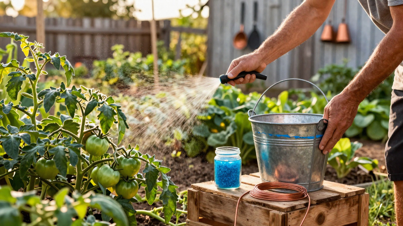 Pessoa a regar plantas de tomate com regador numa horta caseira ao ar livre, em dia ensolarado.