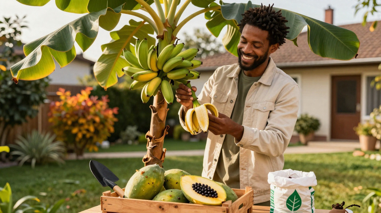 Homem a descascar banana em jardim com bananeira e mesa com frutos e ferramentas agrícolas.