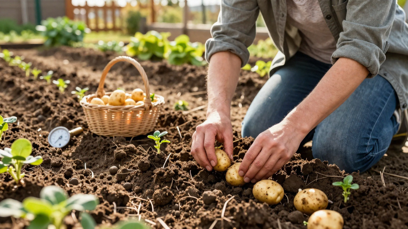 Pessoa a plantar batatas num canteiro de terra com cesta cheia de batatas ao lado.