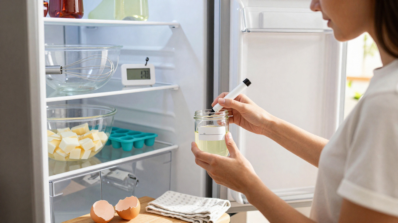 Pessoa a rotular frasco com líquido transparente junto ao frigorífico aberto, com ovos e utensílios para cozinhar perto.