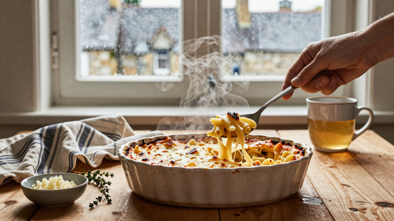 Mão a servir uma colher de massa gratinada fumegante numa travessa branca sobre mesa de madeira.