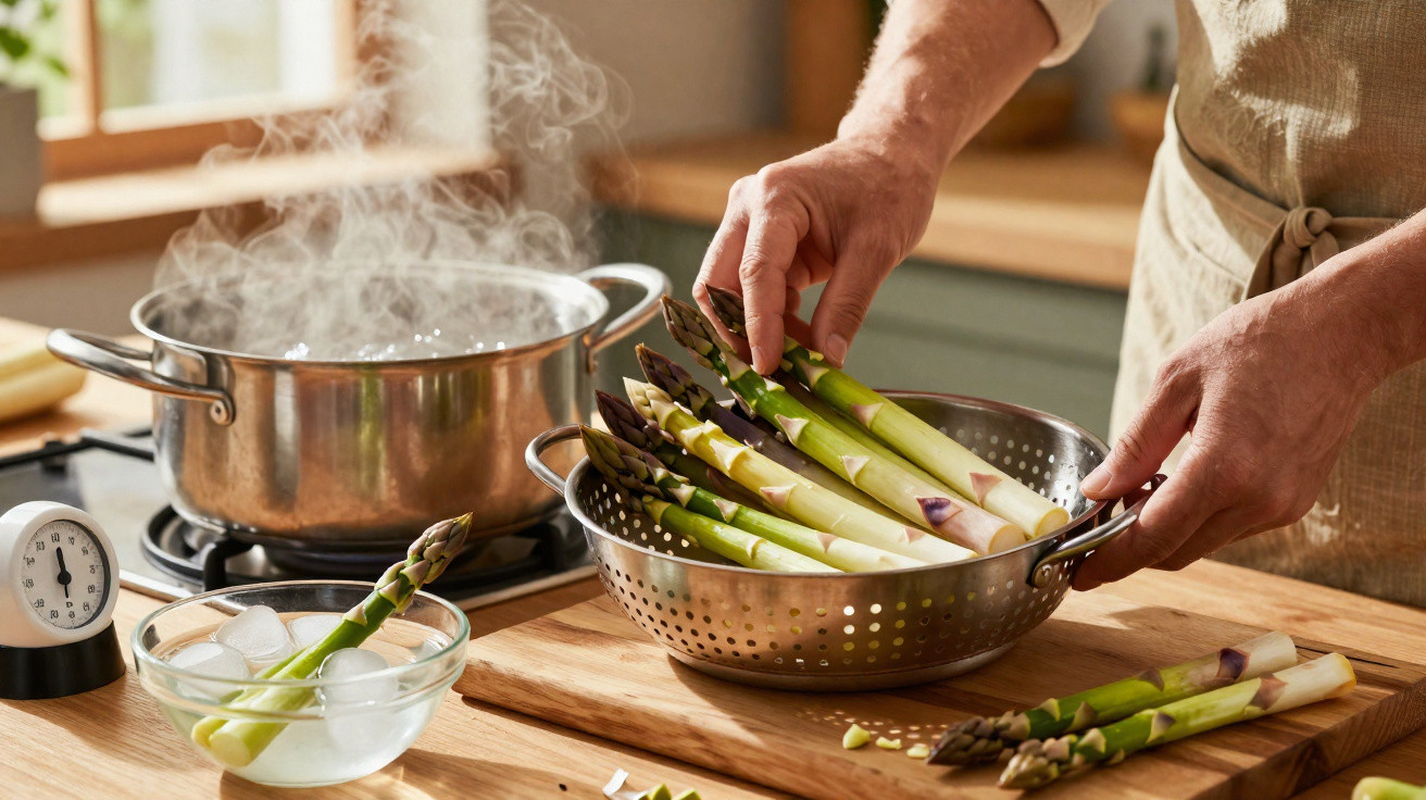 Pessoa a preparar espargos para cozinhar numa cozinha com um fogão a gás e vapor a sair da panela.