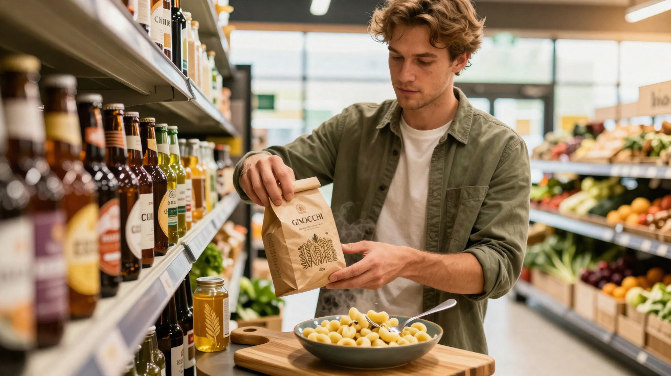 Homem a segurar pacote de gnocchi junto a prato com gnocchi numa loja com produtos e frutas.