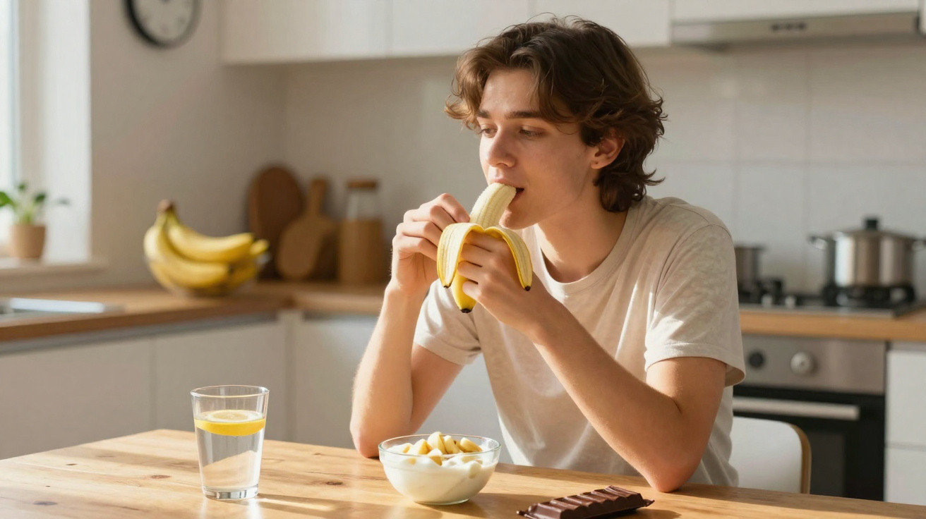 Jovem sentado à mesa na cozinha a comer uma banana com taça de iogurte e copo de água com limão.